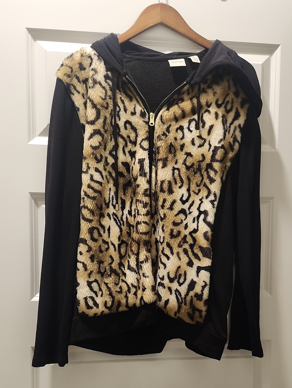 Chico's Black Tan Hooded Jacket with Leopard Faux Fur Front Suze XL 3